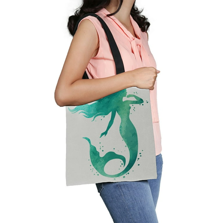 ABPHQTO Hand Painted Mermaid Silhouette Canvas Bag Reusable Tote Grocery Shopping Bags Tote Bag 14x16 inch