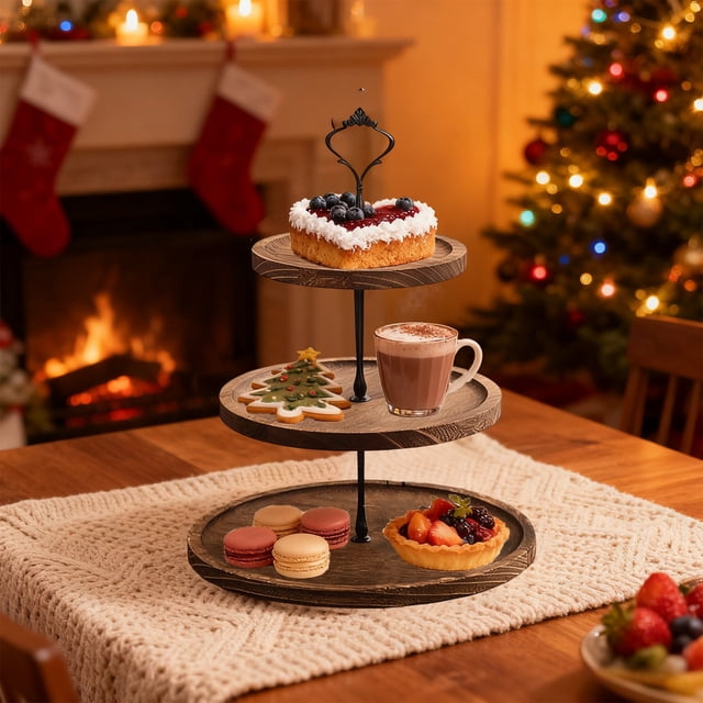 PEONAVET Wooden Dessert Stand Christmas Wooden Dessert Display Stand 3 Tier Cake Cupcake Stand Decorative Trays Rural Table Dessert Rack for Party Tea Break