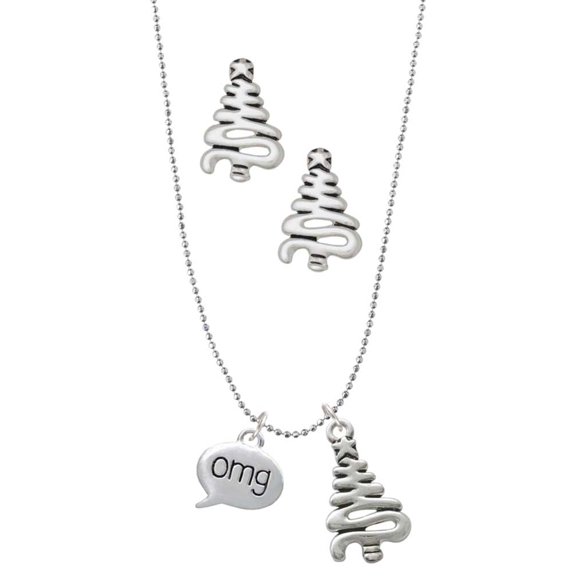 Delight Jewelry Silvertone Text Chat - omg - Oh My God - Silver tone Zig Zag Christmas Tree Charm Necklace and Stud Earrings