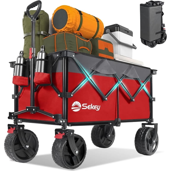 Sekey 300L Foldable Wagon Cart, 330 lb Capacity, Heavy Duty Collapsible Wagon with All-Terrain Wheels and Drink Holders, Red