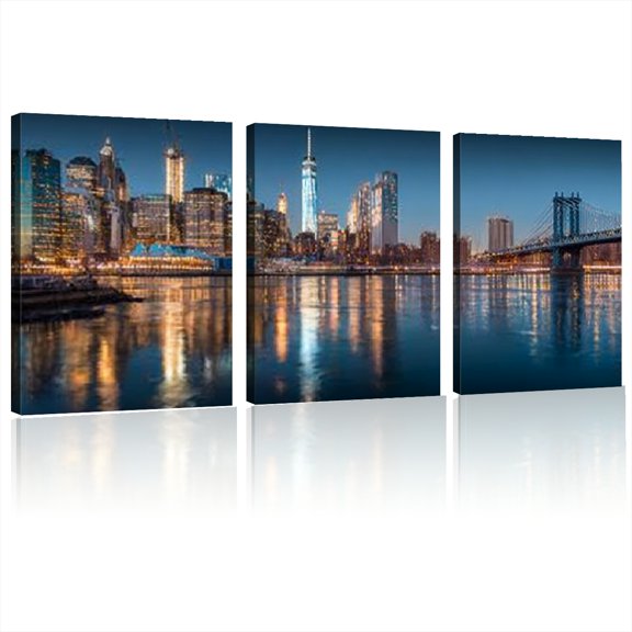 Skyline Canvas Print - Brooklyn Bridge & Manhattan Nightscape Poster - Large Wall Art Decor for Living Room, Bedroom - Flat Panel Painting - Easy to Hang, 12*16inch*3pcs