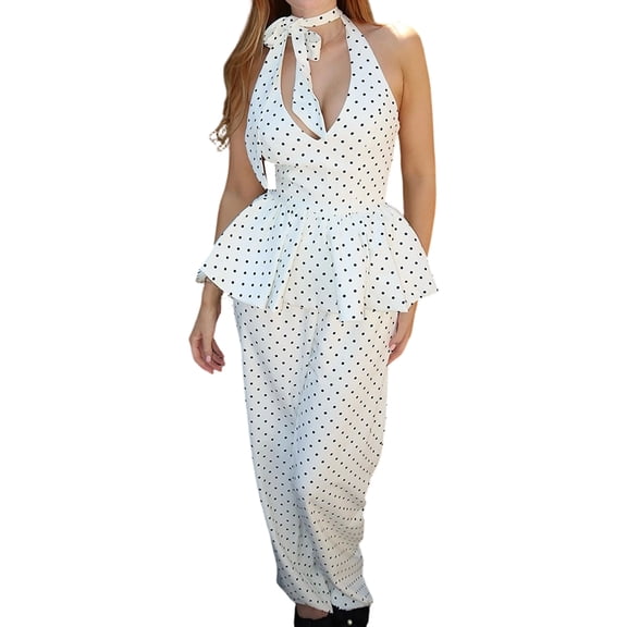 Women'S Polka Dot Print Halter Peplum Top & Wide Leg Pants 2 Piece Outfit Set White S