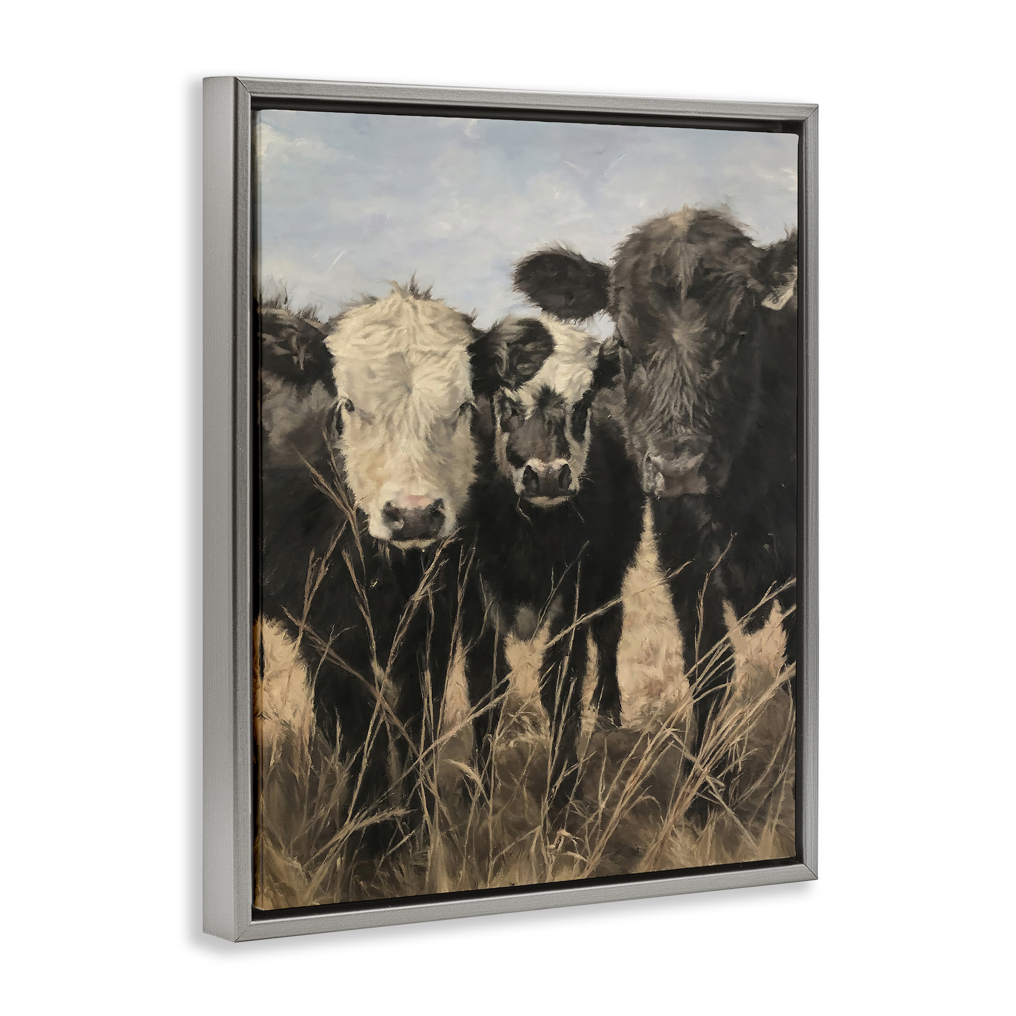 Stupell Industries All In Cow Family Animals Painting Gray Floater Framed Canvas Art Print Wall Art, 25 x 31
