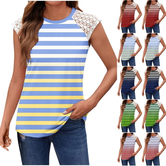 Tank Top for Women Womens Sleeveless Tops Fashion Woman Round Neck Lace Sleeveless Printied T-shirt Blue XXL