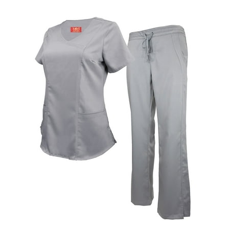 

M&M SCRUBS Women s Ultra Soft Stretch Mock Wrap Scrub Top and Pants 82019200 (Grey Medium)