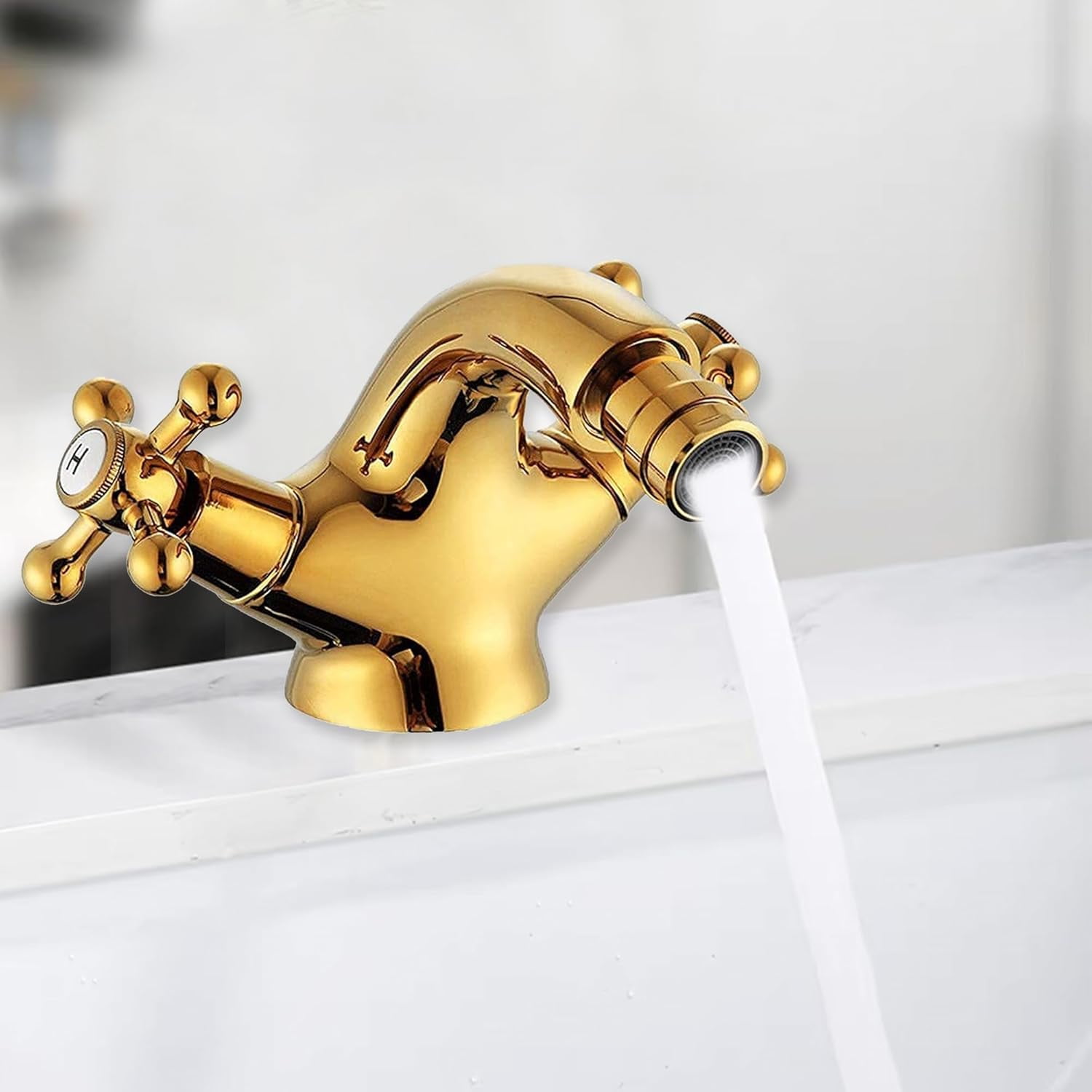 Bathroom Faucet，Gold Bathroom Sink Faucet, Double Cross Handle Two Knobs Bidet Faucet, Antique Brass Bathroom Faucet, Hot and Cold Water Tap, One Hole Bathroom Faucet