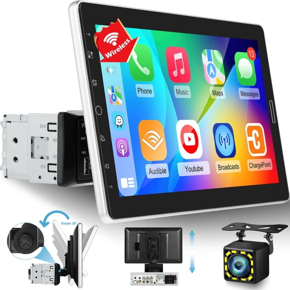 10.1 inch Single Din Touchscreen Radio 10 inch Car Stereo with Wireless Carplay Support AM FM Radio/YouTube Video/Bluetooth/Car Play/Android Auto + B