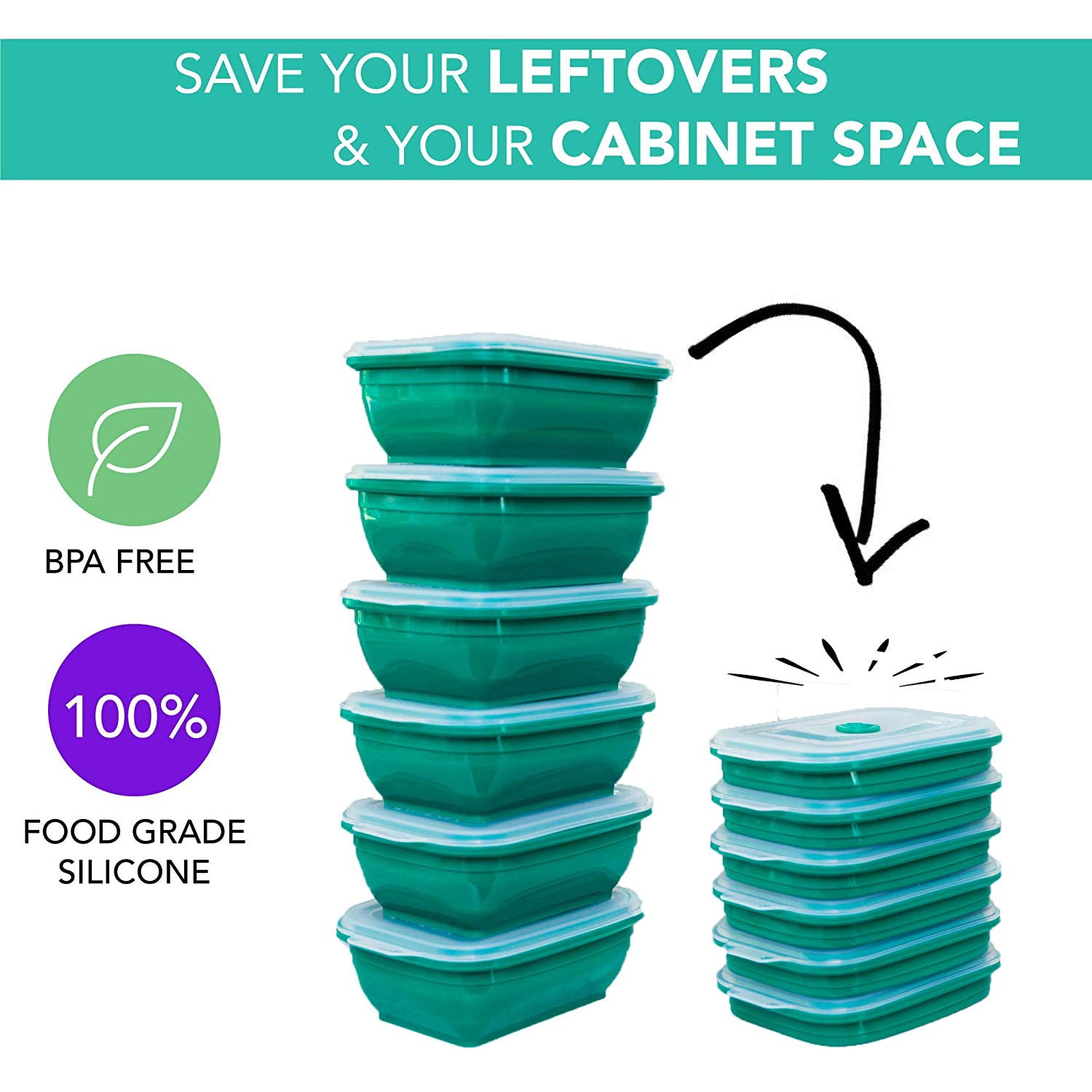 Collapse-it Silicone Food Storage Containers - BPA Free Airtight Silicone Lids, 4 Piece Set of 6-Cup, 4-Cup, 3.5-Cup, 2-Cup Collapsible Lunch Box Containers - Oven, Microwave, Freezer Safe