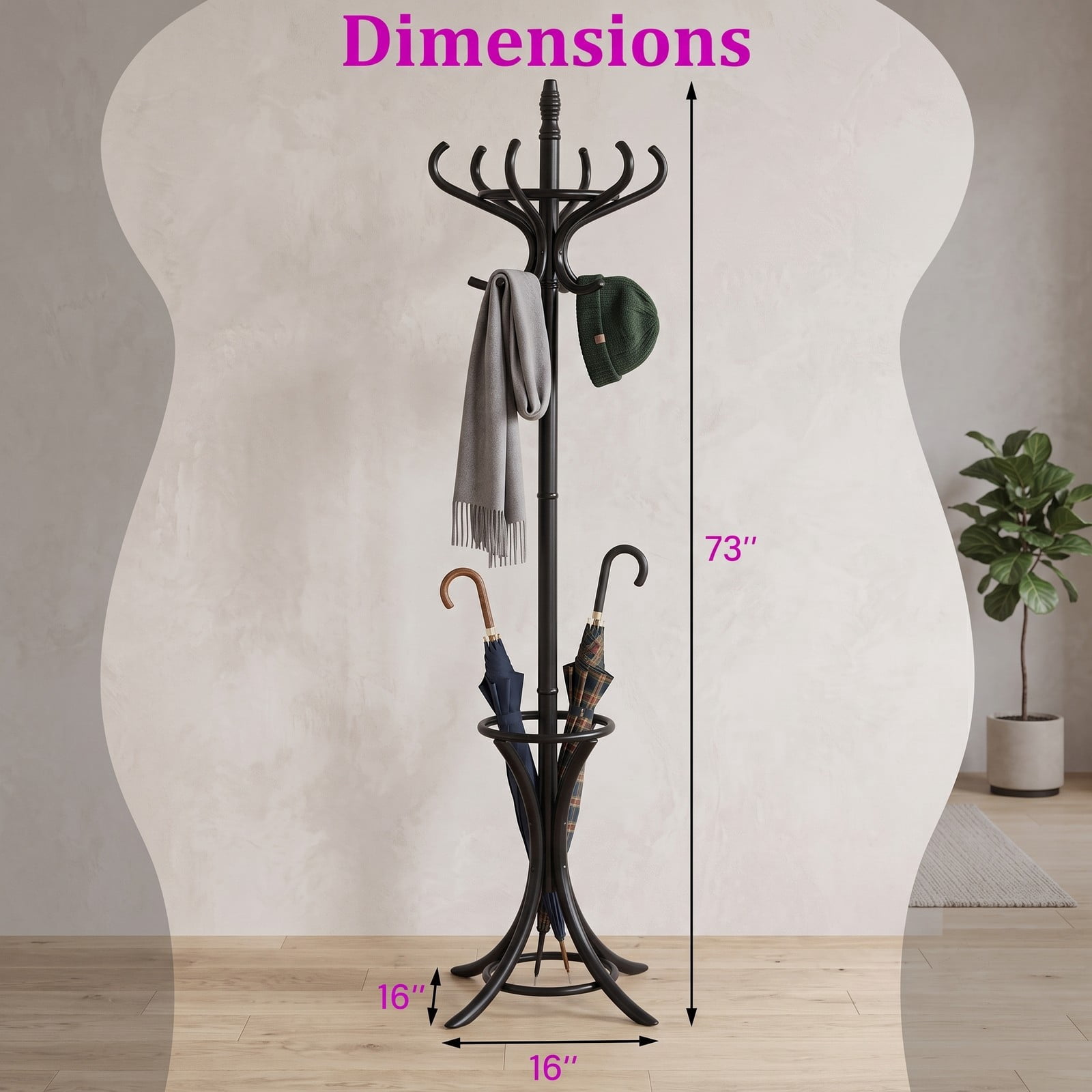 Furnibear Freestanding Wood Coat and Hat Rack Stand with Umbrella Stand Rotating Top and 12 Hooks for Entryway and Hallway, Black