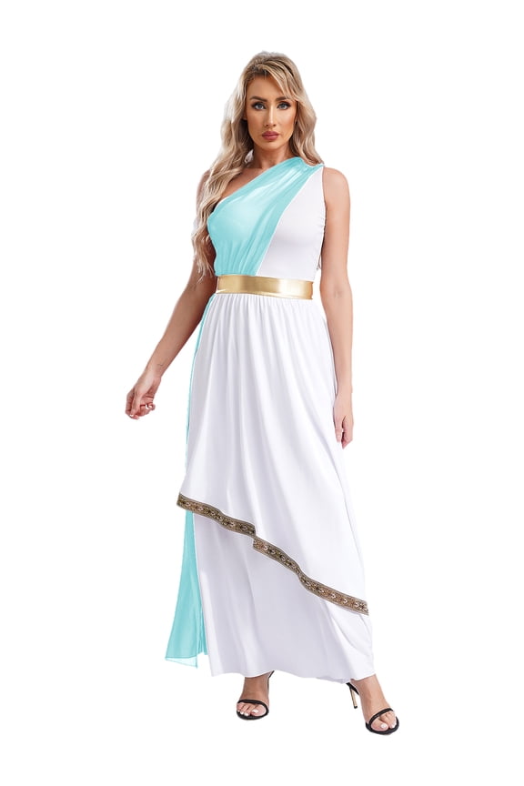 Women's Greek Toga Dress Costume Roman Empress One Shoulder Tunic Robes for Cosplay Party Light Blue 3XL