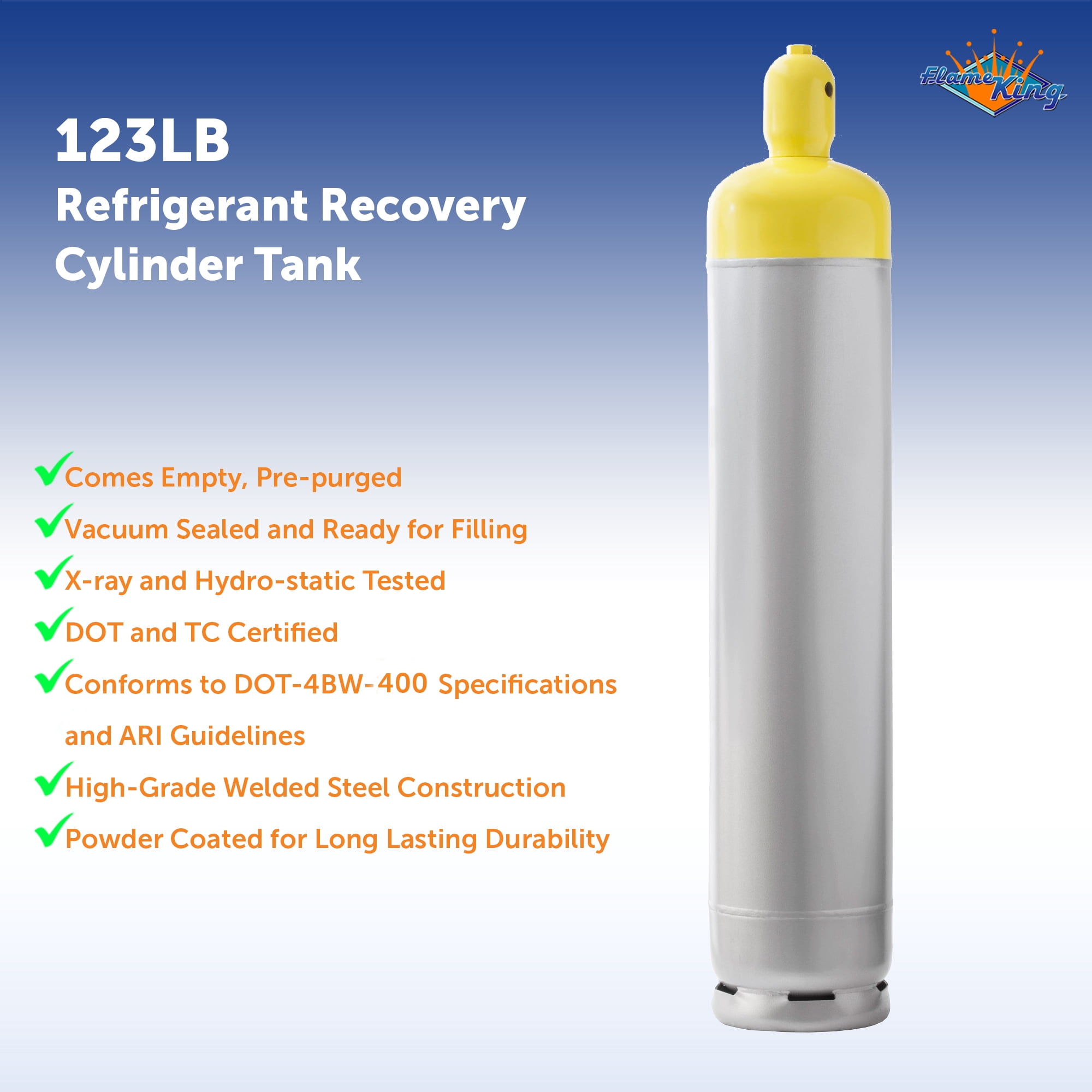 Flame King 123lb Refrigerant Recovery Cylinder for Automotive a/c Systems, Refillable Propane Tank, Powder-Coated Steel