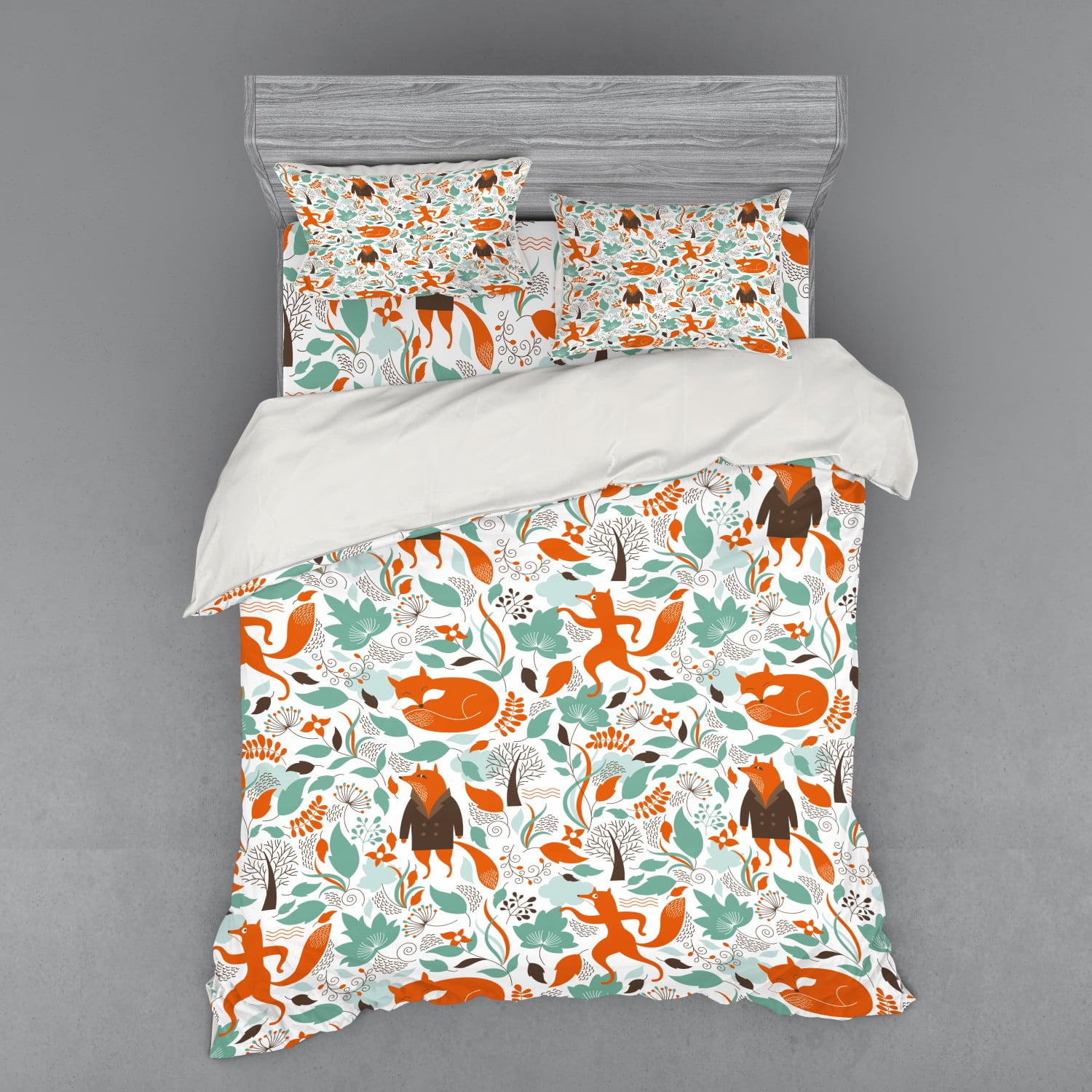 Fox Duvet Cover Set, Funny Sleeping Fashion Fox Falling Autumn Leaves