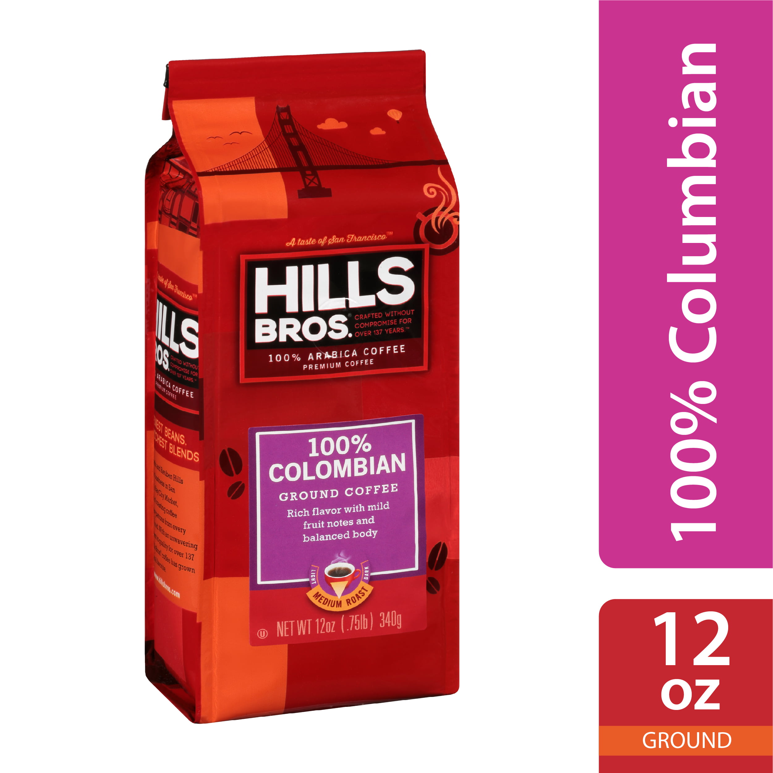 Hills Bros. 100 Colombian Ground Coffee, Medium Roast, 12