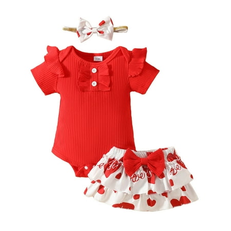 

Valentine s Day Toddler Girl Outfits Short Sleeve Ribbed Romper Bodysuit Heart Prints Ruffles Shorts Outfits Size 3 Months-6 Months Red