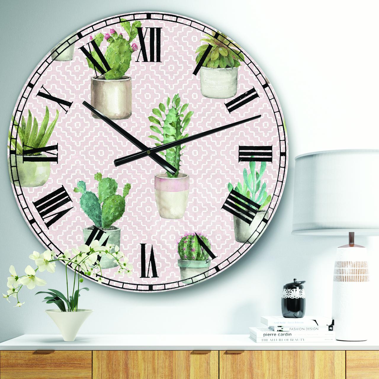 Designart 'Potted Cactus on Pink Geometrical Pattern' Traditional wall clock