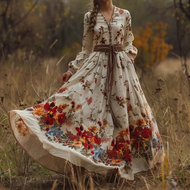 WILLBEST Vestido Largo Vintage Floral Para Mujer, Estilo Retro, Informal, Para Vacaciones Y Jardín, Falda Larga Escalonada