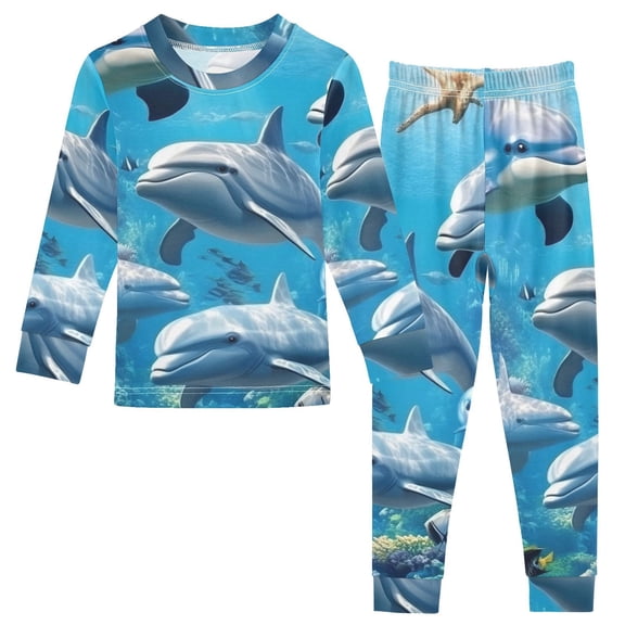 Dolphins in The Sea Cotton Pajama Set Long Sleeve Top and Pants Sleepwear Unisex 18M