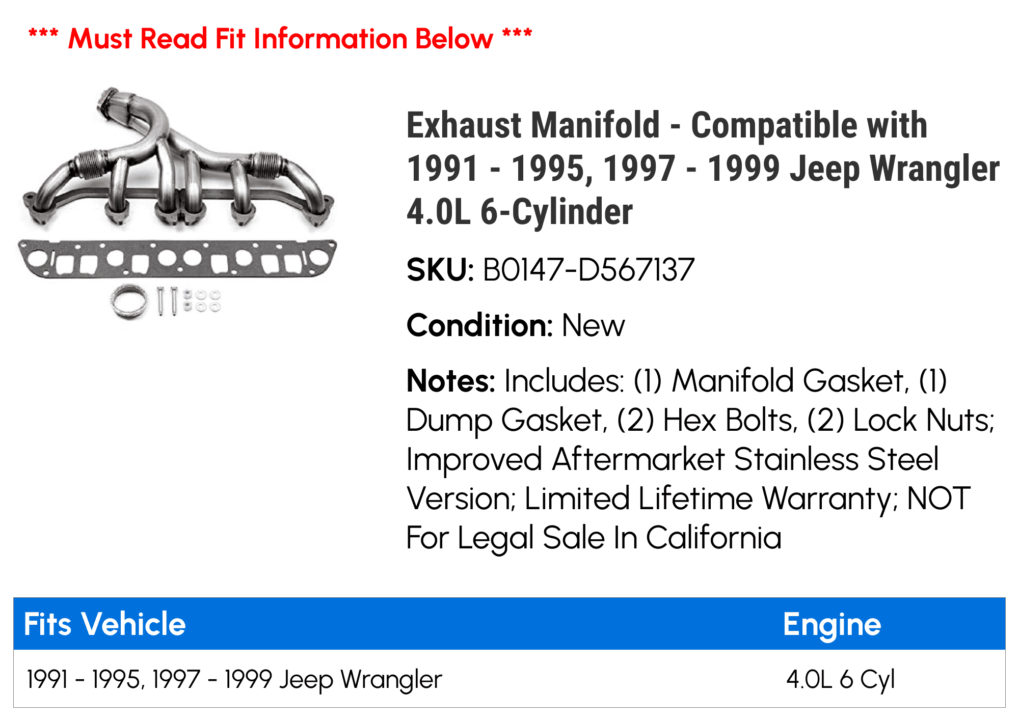 Exhaust Manifold - Compatible with 1991 - 1995, 1997 - 1999 Jeep Wrangler 4.0L 6-Cylinder 1992 1993 1994 1998