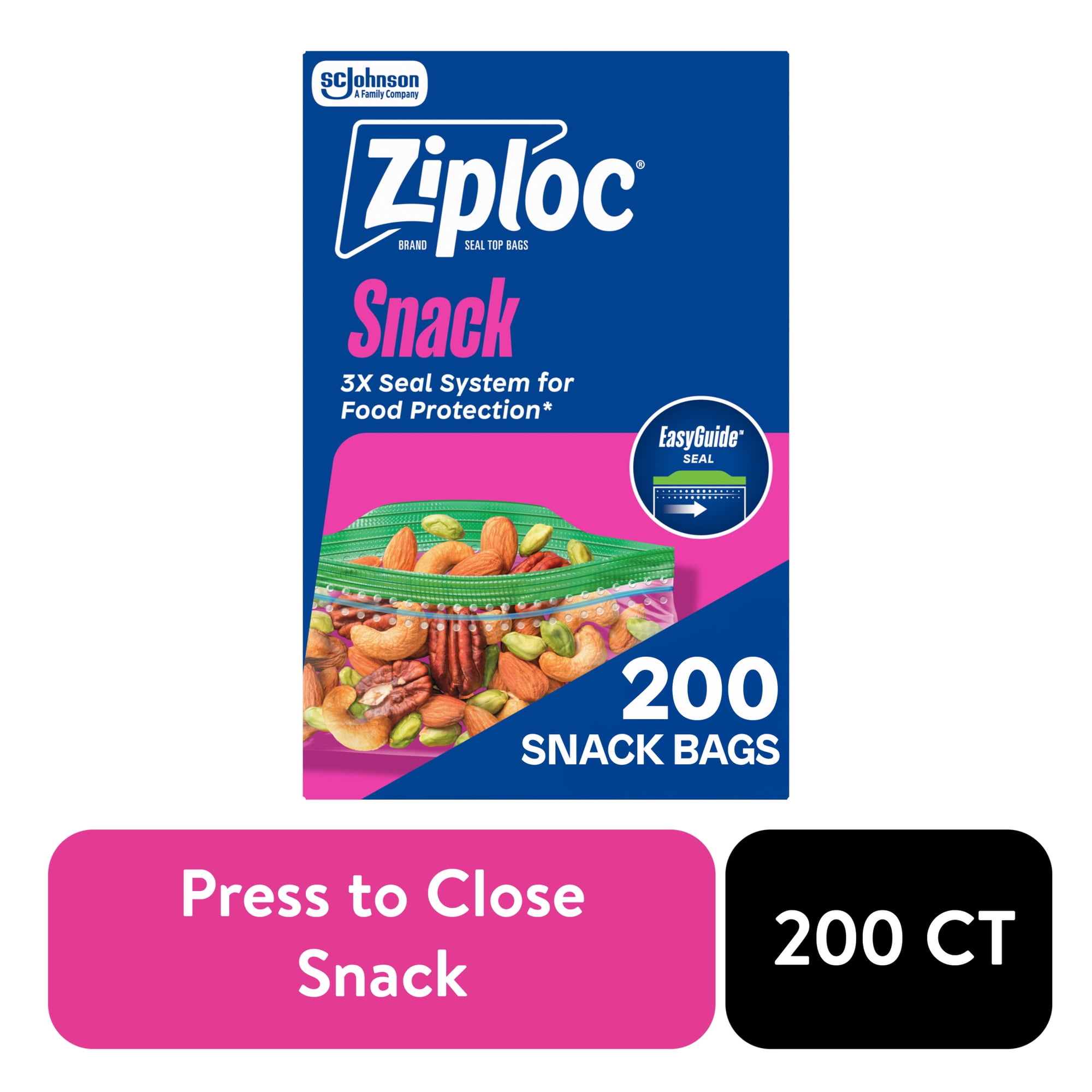 Ziploc® Brand Snack Bags with EasyGuide™ Texture, Grip 'n Seal Technology™, Food Storage, Zipper, 200 Count
