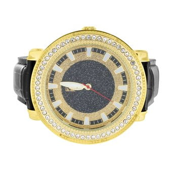 Watches For Men Yellow Round Simulated Diamond Black Leather Strap...