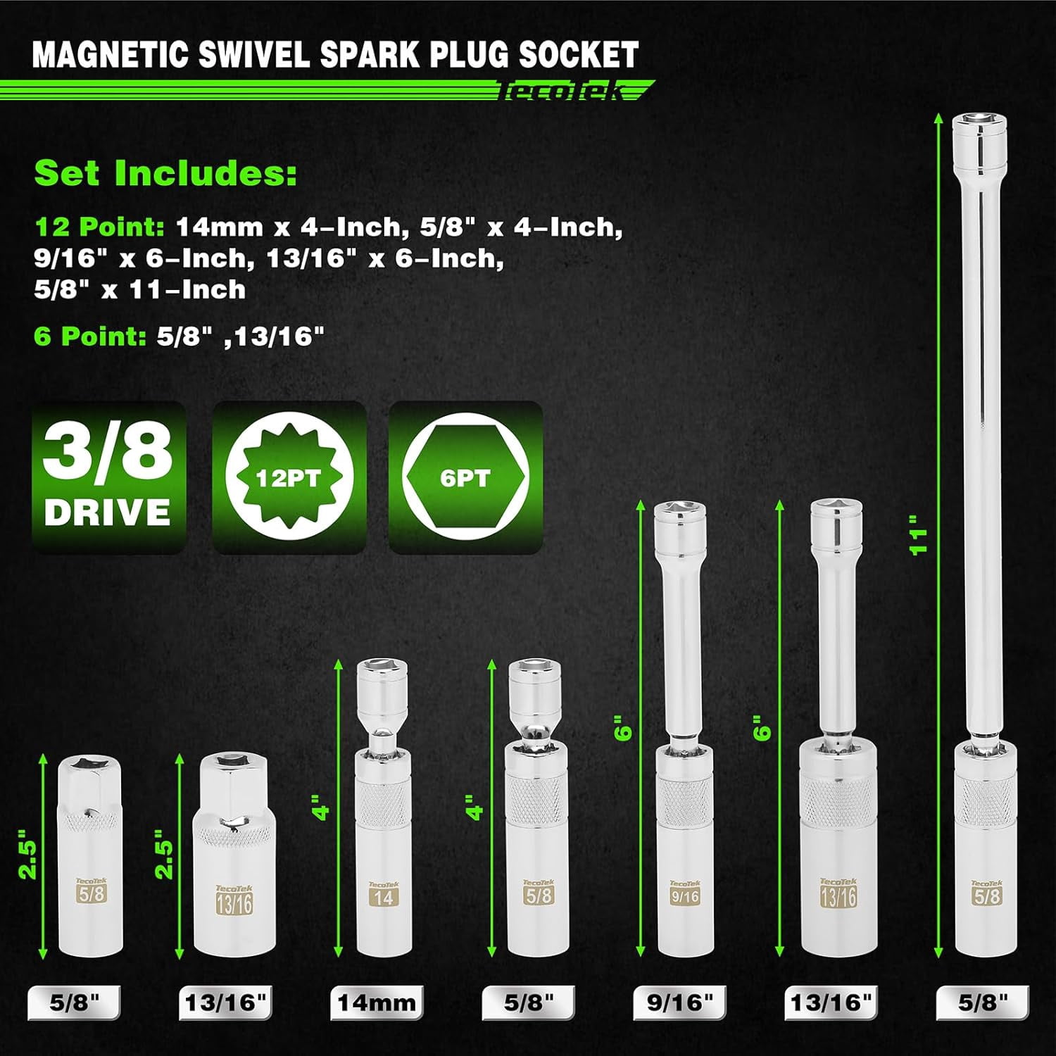 7 Piece 3/8-Inch Drive Magnetic Swivel Spark Plug Socket Set, Includes 9/16-Inch, 13/16-Inch, 5/8-Inch, 14mm Socket, 6-Point &12-Point, CR-V, Enhanced Magnetic Design with Thin Wall Socket