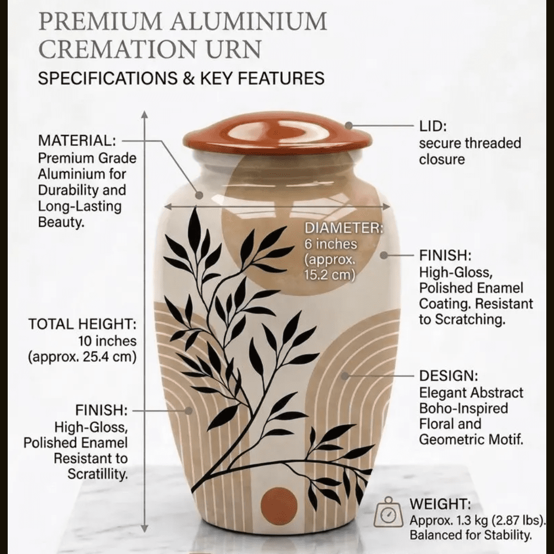 SMIURNS Boho Leaves Cremation Urn for Adult Human Ashes - 10" Handcrafted Aluminum Memorial Urn with Modern Botanical Art, 190 Cubic Inch Capacity & Velvet Bag