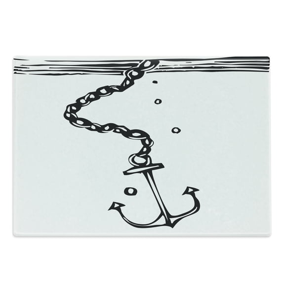 Anchor Cutting Board, Nautical Themed Monochrome Illustration with Chains and Sinking Anchor Naval, Decorative Tempered Glass Cutting and Serving Board, in 3 Sizes, by Ambesonne