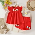 thumbnail image 2 of KPOPLK Toddler Baby Girl Summer Clothes 3D Flower Ruffle Sleeveless Smocked Tunic Top Shorts Set Cotton Linen Outfit 2Pcs toddler girl clothes clearance under $5(9-12 Months, Red), 2 of 4