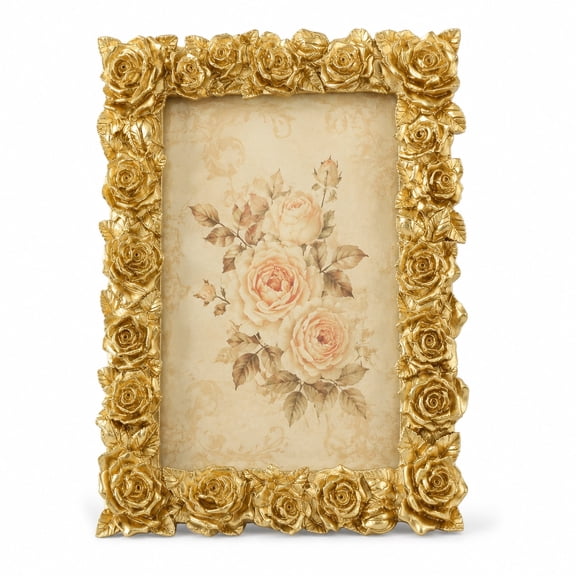 Rose Design Picture Frames, Gold Resin Photo Frame for 4x6 Pictures, Ornate Floral Decor Frame With Tabletop and Wall Display, Vintage Home Decoration for Bedroom Living Room