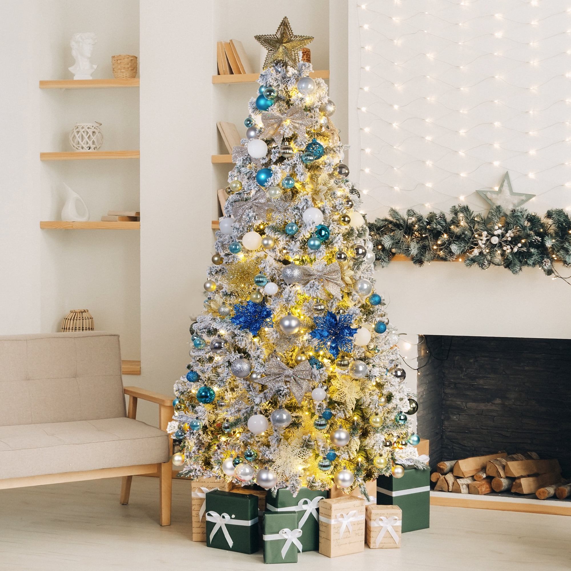 7.5FT Prelit Blue Christmas Tree, Full Xmas Pine Tree with 1300 Branch Tips 400 Cold Warm Light for Holiday Indoor Outdoor Decoration