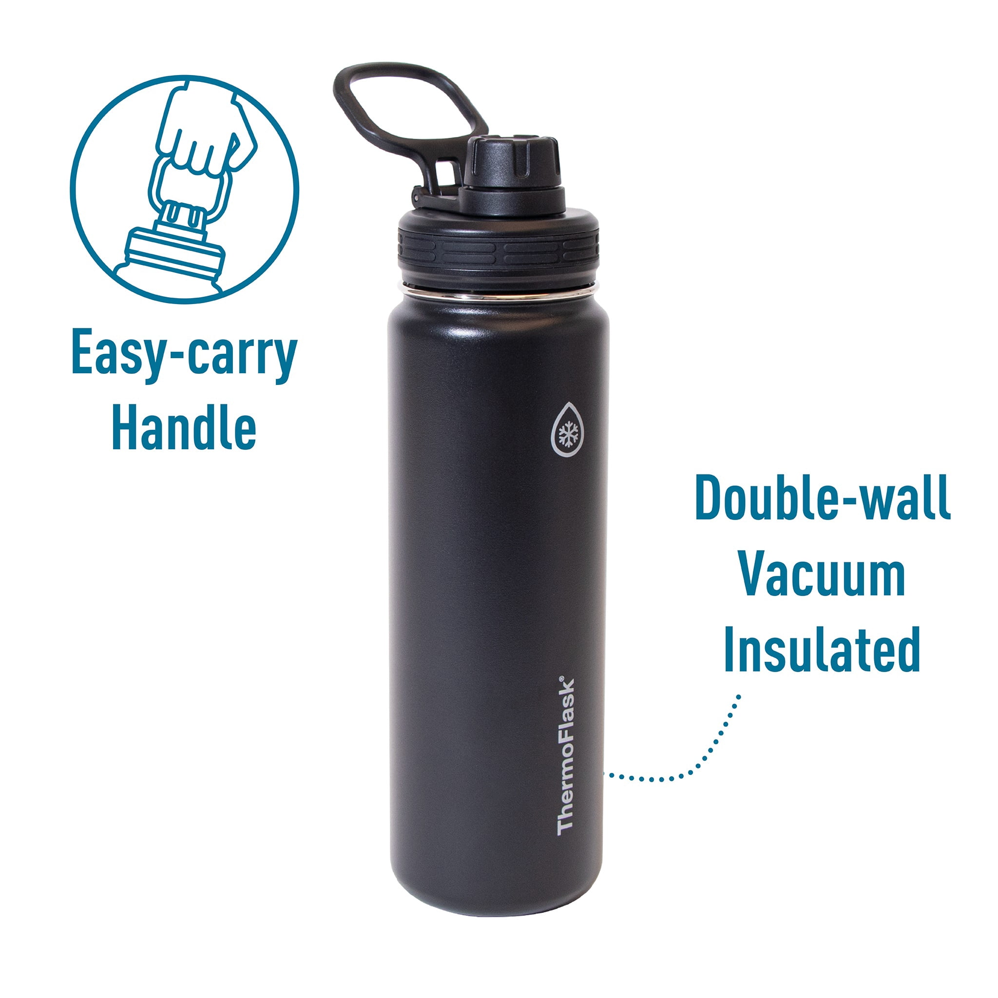ThermoFlask 24 oz Double Wall Vacuum Insulated Stainless Steel Water Bottle with Spout Lid, Pitch Black