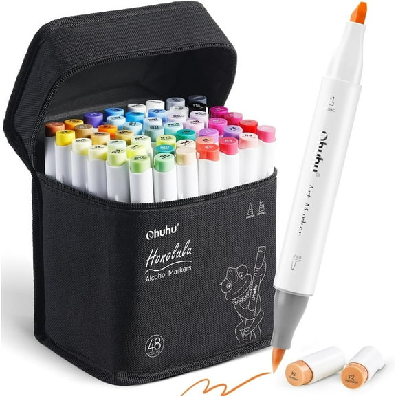 Ohuhu Alcohol Markers Brush Tip 48-Color Set - Brush & Chisel Tips, Refillable- New Color Code