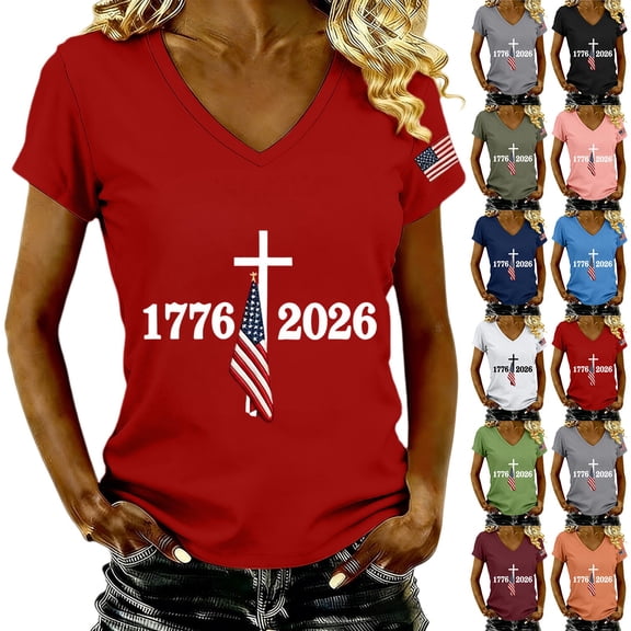 Kelon America 250th Anniversary T shirt Short Sleeve V Neck Fashion Outfits Blouses Spring Summer Tops, S