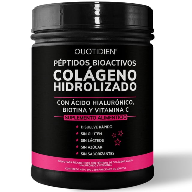 Péptidos Bioactivos de Colageno Hidrolizado + Ácido Hialurónico + Biotina + Vitamina C - 500g Quotidien Colageno Hidrolizado Polvo