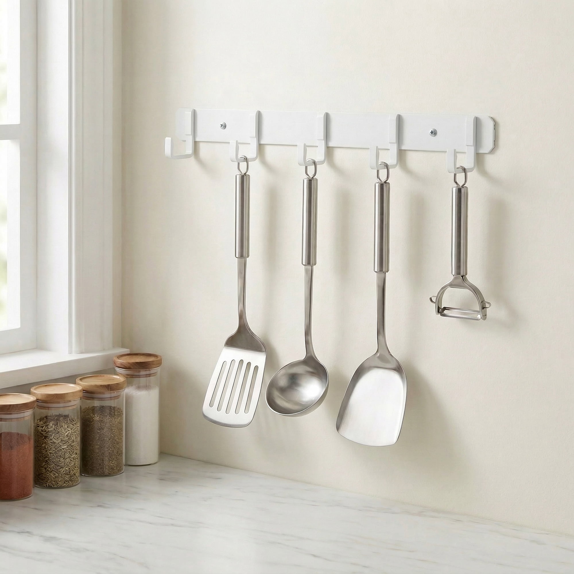 Unique Bargains Coat Rack Wall Mount Metal Wood 5 Hooks for Entryway Bathroom White