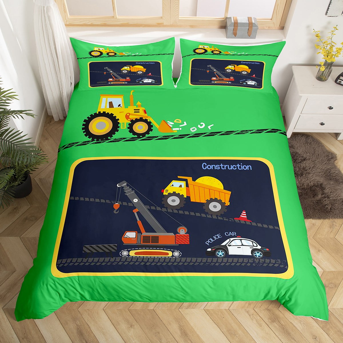 Green Construction Bedding Set Excavator Comforter Cover for Kids Child ...