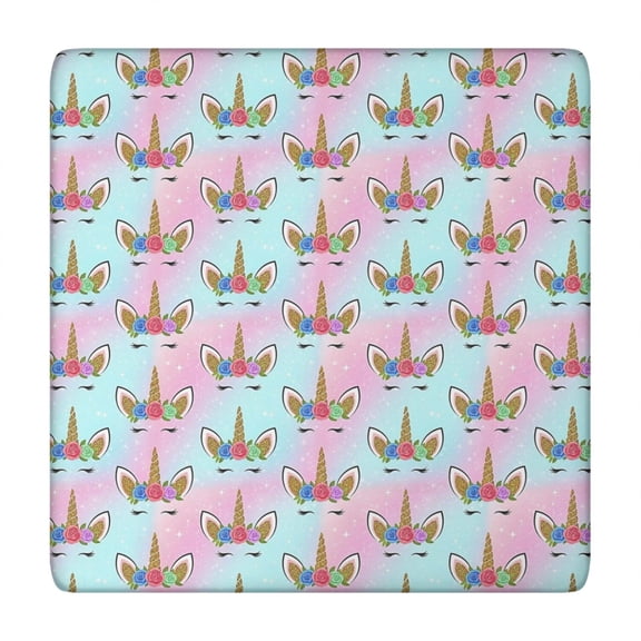 Pink Cartoon Unicorn Horn Flower Pattern Square Fitted Tablecloth with Elastic Edge,Square Table Cover,Washable Elastic Table Cover for Home Kitchen Party Decor 34"x34"