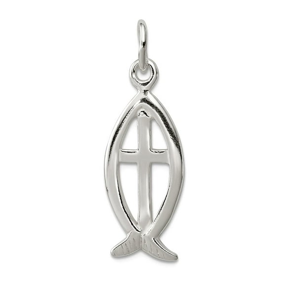 925 Sterling Silver Solid Polished Ichthus Animal Sealife Fish With Religious Faith Cross Charm 27x11mm Wide Pendant Nec