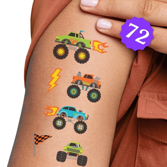 Big Dot of Happiness Monster Truck Temporary Tattoos for Kids, Boy Birthday Party Favors, Smash and Crash Decorations, Monster Truck Party Supplies, 12 Sheets (72 Fake Tats)