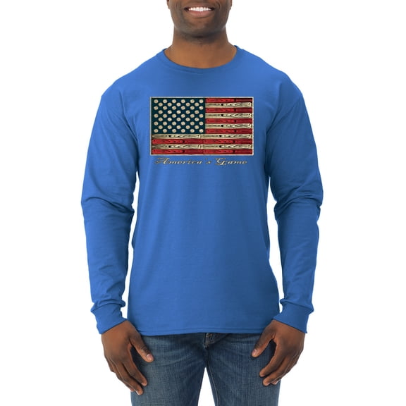 Wild Bobby, American Game Flag Baseball Bat Ball, Sports, Men Long Sleeve Shirt, Royal, 2XL