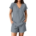 thumbnail image 2 of Pounoo Sets for Women 2 Piece V Neck Short Sleeve Top Elastic Waist Shorts Casual Summer Beach Vacation Matching Outfits, 2 of 9