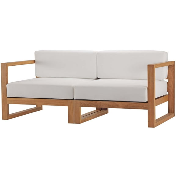 Lounge Sectional Sofa Chair Set, White Natural, Teak Wood, Fabric, Modern Contemporary, Outdoor Patio Balcony Cafe Bistro Garden Furniture Hotel Hospitality