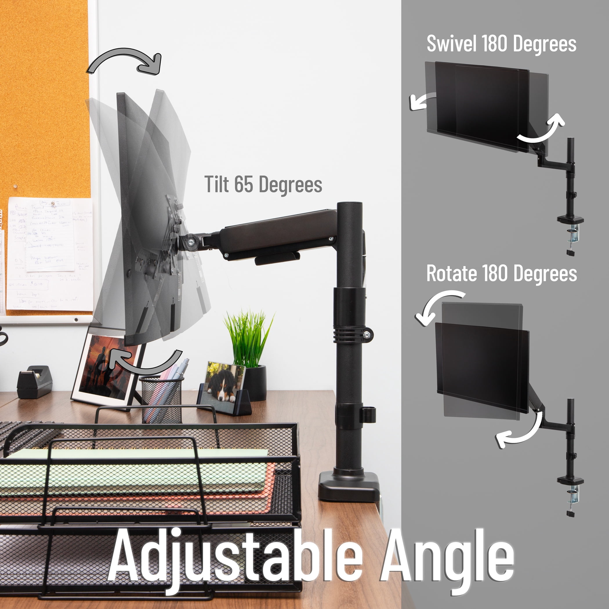 Mind Reader Single Monitor Arm for 13–32 Inch Screens, Gas Spring VESA Desk Mount, 180° Rotation, ±180° Swivel, ±65° Tilt, Holds up to 19.8 lbs, Black