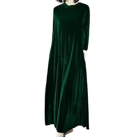 Skymirror Pile Collar Long Sleeves Pockets A-Line Women Dress Spring Autumn Pleated Loose Hem Solid Color Velvet Maxi Dress