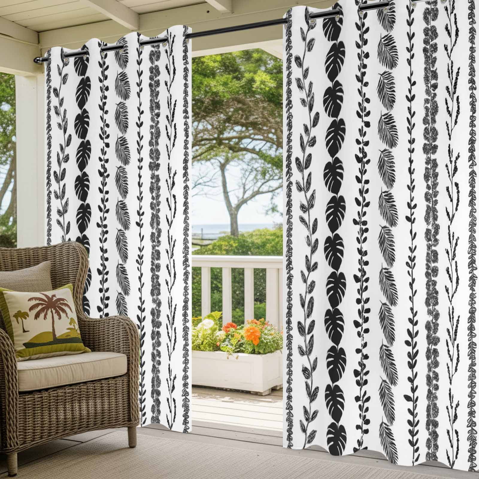 Black Leaf Striped Outdoor Curtains for Patio, Summer Botanical Vertical Natural Stripes Sunshade Privacy Drapes Grommet Waterproof Outside Curtains for Porch/Cabana/Balcony 54"x 108", 1 Panel