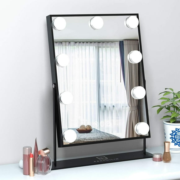 FENCHILIN Hollywood Mirror with Light Lighted Makeup Mirror Vanity Makeup Mirror Smart Touch Control 3Colors Dimable Light Detachable 10X Magnification 360°Rotation(Black)