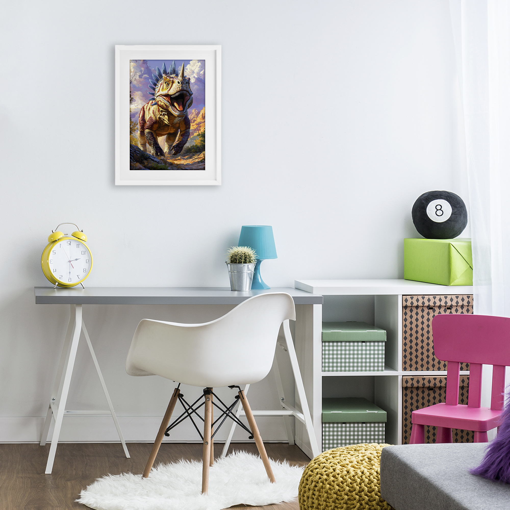 Stupell Industries Fierce Horned Dinosaur White Framed Print Under Glass, design by Creative Studio