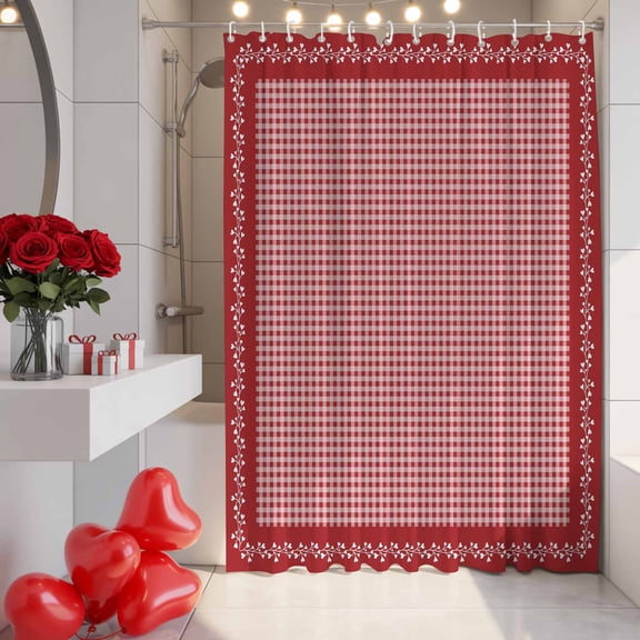 Valentine's Day Shower Curtain, 72" x 84", Vintage Red White Buffalo Plaid Branches Lace Border Waterproof Bathroom Curtain Washable Shower Curtain Set with 12 Hooks
