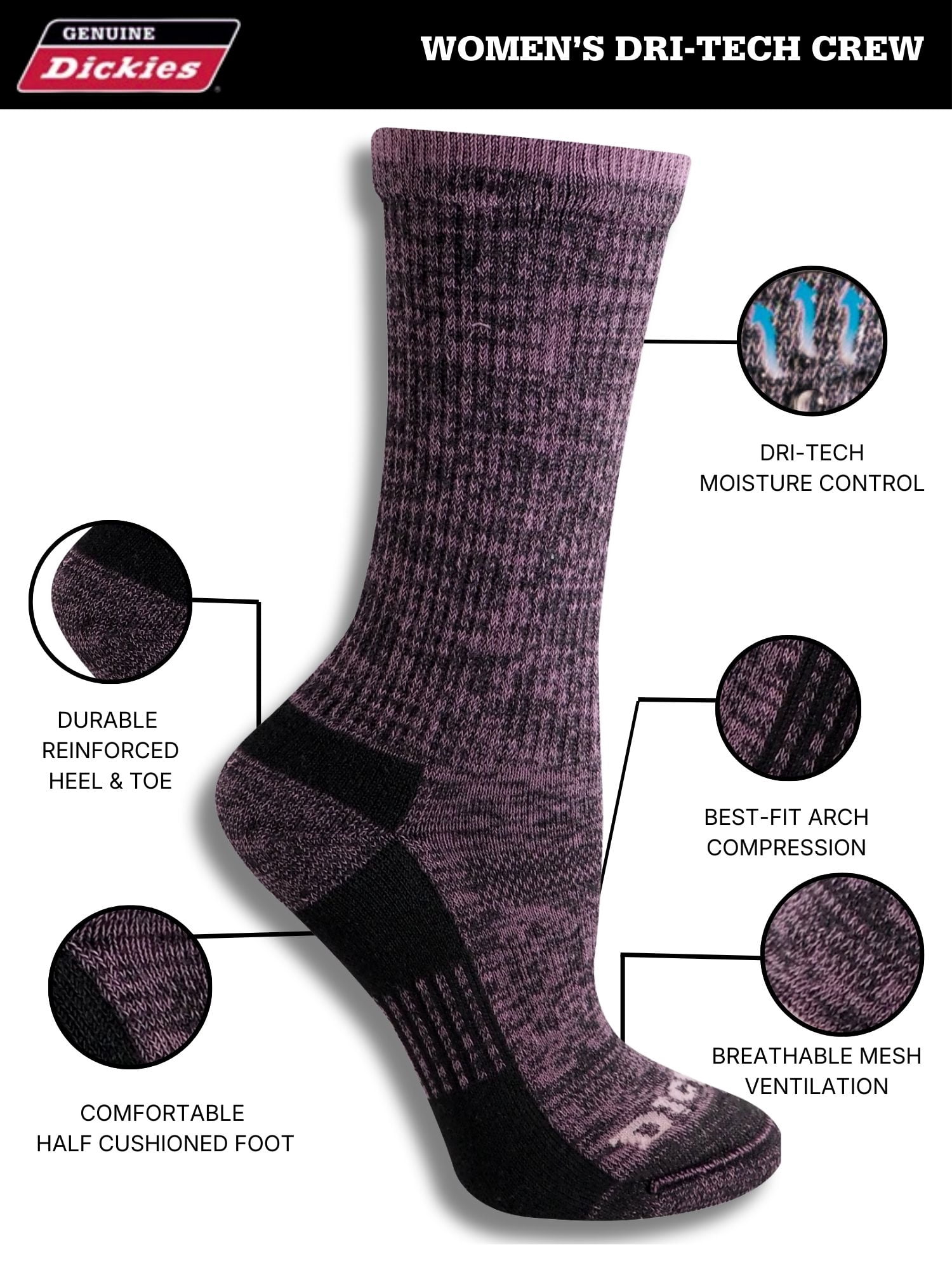 Genuine Dickies Women's Dri-Tech Free Run Crew Socks, 5-Pack