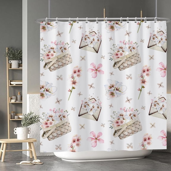 Cherry Blossom Shower Curtain Sets Women''s Handbag Envelope Farmhouse Floral Shower Curtains for Girls Bathroom Decor Fashion Romantic Fabric Waterproof Bath Curtain with Hooks 72x72 Inches